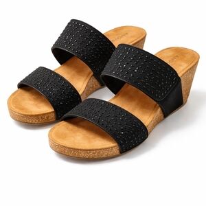 New! Andiamo Black Rhinestone Cork Wedge Sandals Size 9W ✨ Studded Straps
